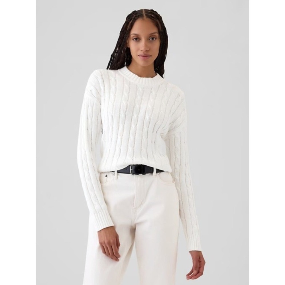 Gap Womens Sz XS Petite Cable-Knit Cropped Sweater New Off White Crewneck Cotton